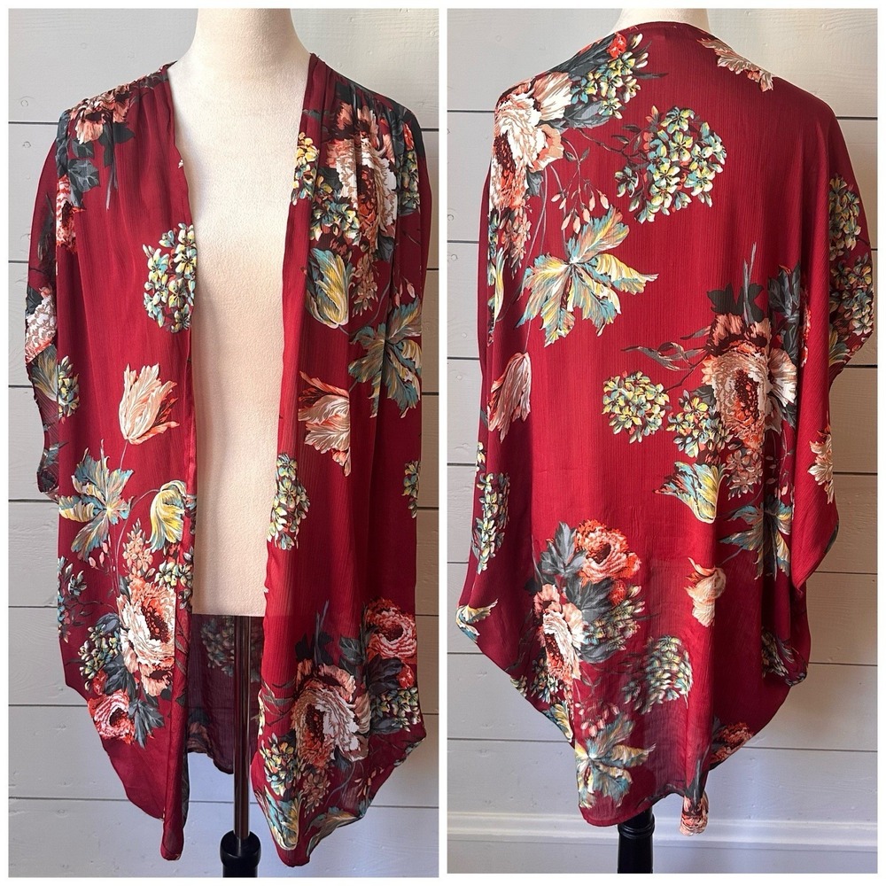 Umgee Maroon Floral Print Kimono Open Front‎ Lightweight Cover Up Sz M/L Boho